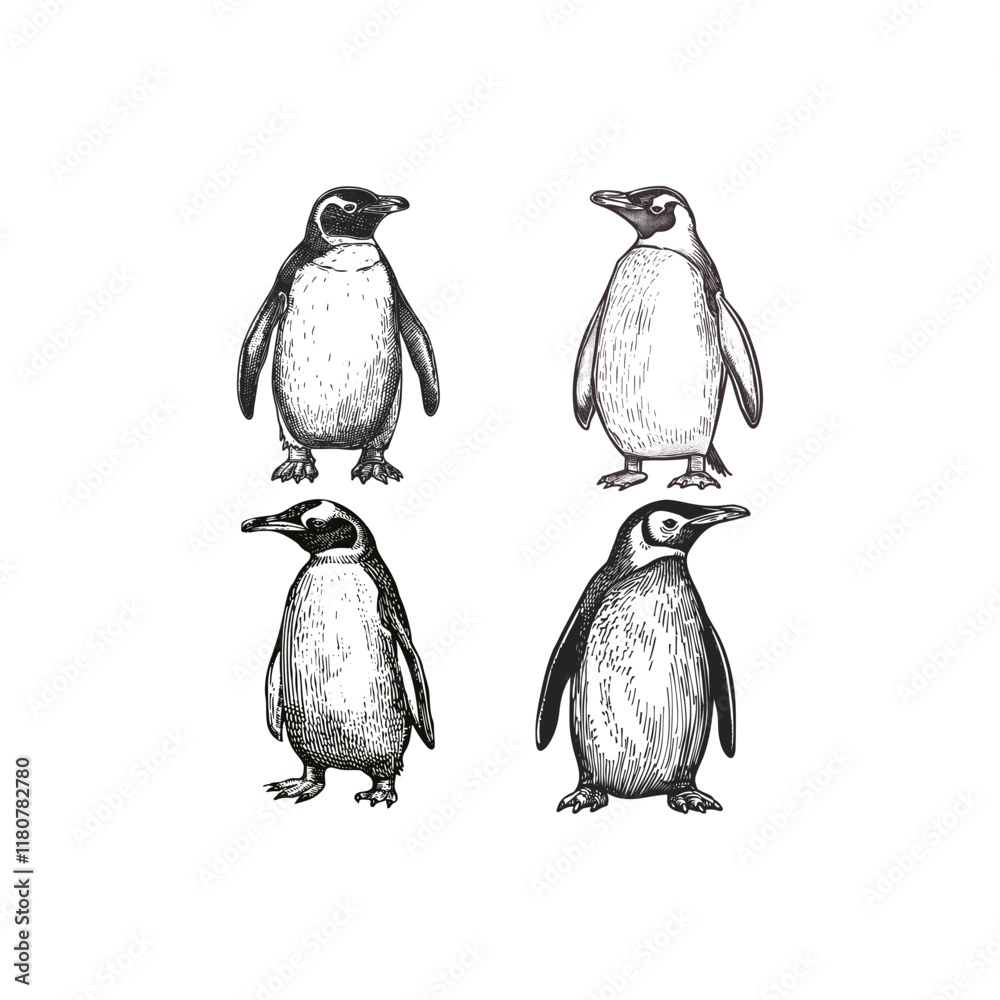 Naklejka premium Penguin hand draw engraving design vector template illustration