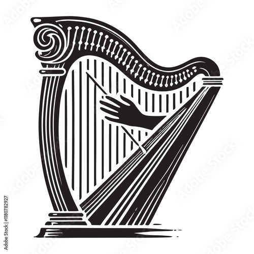 Harp Silhouette Vector Illustration, Solid White Background.