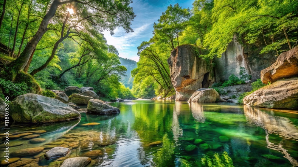 Fototapeta premium Serene River Rock Formation Landscape Photography - Lush Green Trees, Crystal Clear Water, Natural Beauty