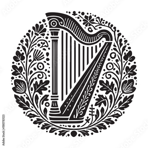 Harp Silhouette Vector Illustration, Solid White Background.