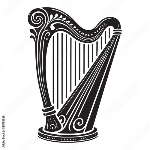 Harp Silhouette Vector Illustration, Solid White Background.