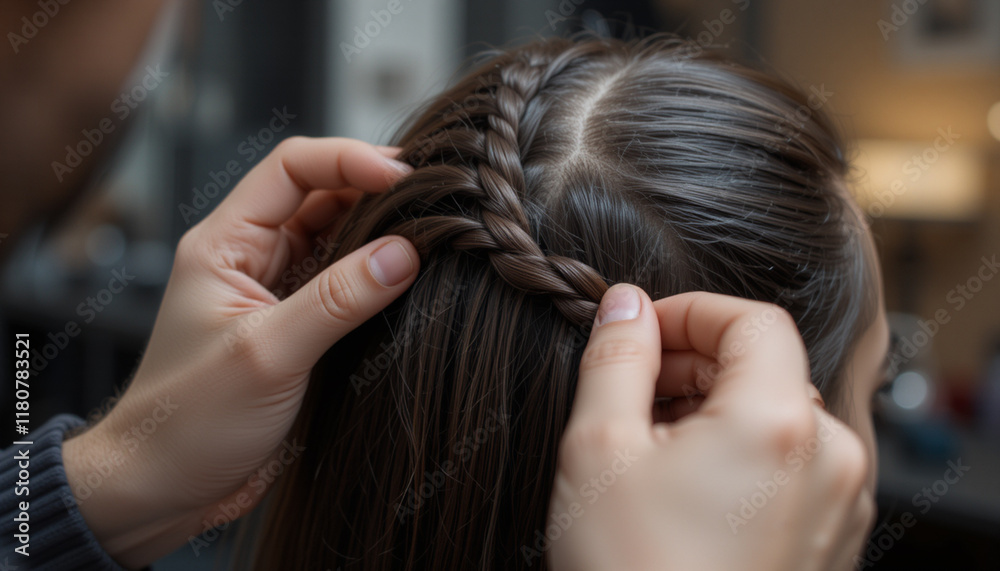 Close-up of a braided hairstyle on Caucasian hair, showing intricate styling details. Close-up of a braided hairstyle on Caucasian hair, showing intricate styling details.