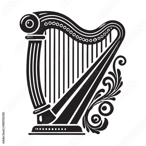 Harp Silhouette Vector Illustration, Solid White Background.