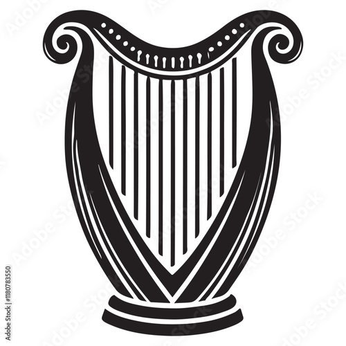 Harp Silhouette Vector Illustration, Solid White Background.