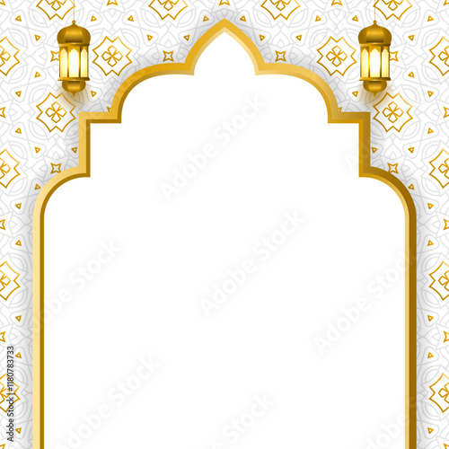 luxury golden empty Ramadan Kareem Eid Mubarak arabesque border white elegant Islamic background photo