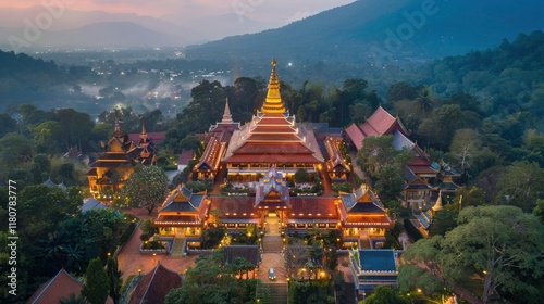 A large group of gold statues of Buddha are sitting in a row. Phuttha Utthayan Makha Bucha Anusorn (Buddhism Memorial Park), Nakhon Nayok, Thailand photo