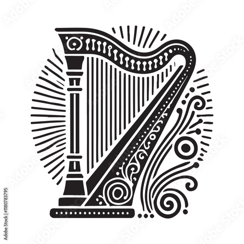Harp Silhouette Vector Illustration, Solid White Background.