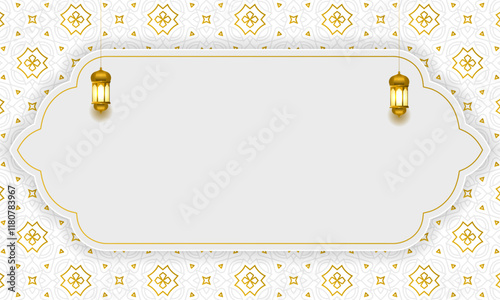 3d arch frame luxury white golden Ramadan Kareem Eid Mubarak arabesque border Islamic background