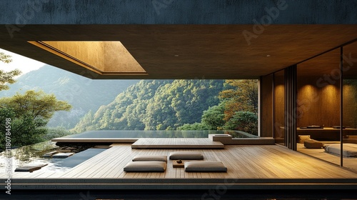 Modern minimalist house with infinity pool overlooking mountain landscape.