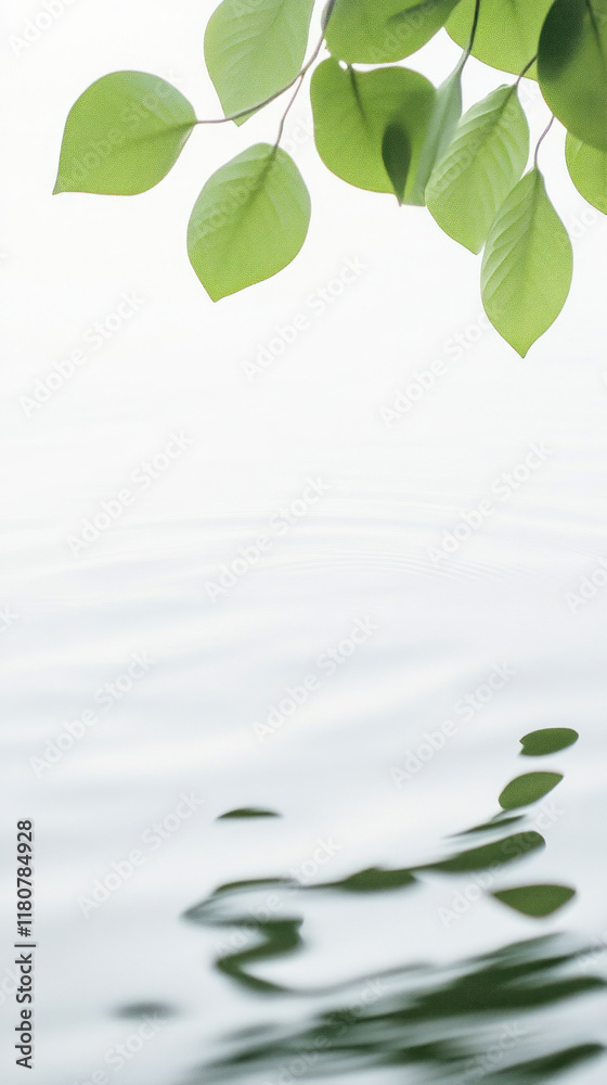 Fresh green leaves reflect on calm water, creating serene atmosphere Fresh green leaves reflect on calm water, creating serene atmosphere