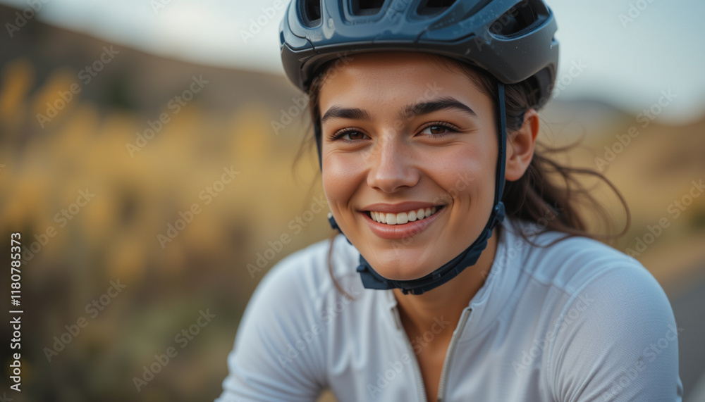 Caucasian woman smiling while riding a bicycle outdoors on a cycling day Caucasian woman smiling while riding a bicycle outdoors on a cycling day