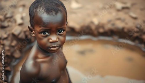 Child's Gaze: A Poignant Portrait near Murky Water photo