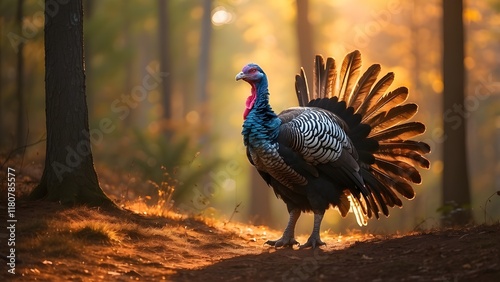 A majestic wild turkey strutting through a sun-drenched forest, its iridescent feathers shimmering in the light.
