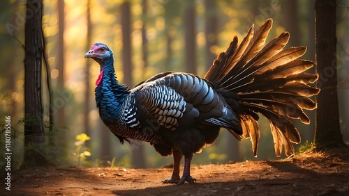 A majestic wild turkey strutting through a sun-drenched forest, its iridescent feathers shimmering in the light.