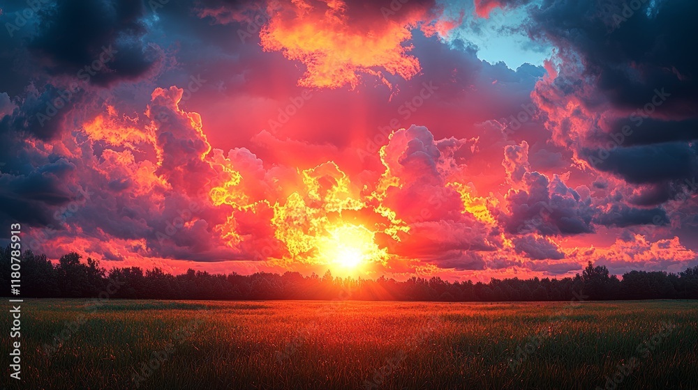 Fototapeta premium Vibrant sunset over a field with dramatic clouds.