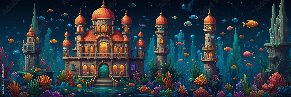 Obraz premium Illustration of a pixel art underwater mermaid palace, with coral pillars, shimmering bubbles, treasure chests, and schools of colorful fish, perfect for aquatic-themed games.