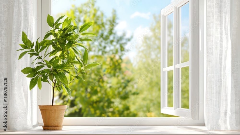 Fototapeta premium Sleep quality hygiene concept. A potted plant by an open window with a view of greenery outside.