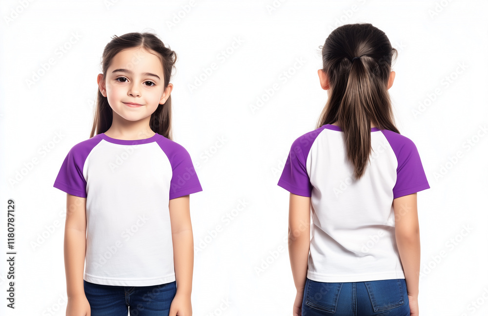 girl wearing a white and purple short-sleeve raglan t-shirt mockup front and back used as design template girl wearing a white and purple short-sleeve raglan t-shirt mockup front and back used as design template