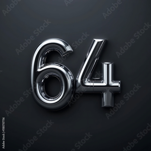 A highly detailed, photorealistic rendering of the number 64, rendered in a bold, sans-serif font, cast in polished chrome with subtle reflections and highlights, set against a deep, black background 