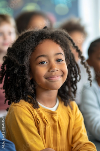 Happy young girl with curly hair sitting in a classroom, smiling and engaging with her peers, representing joy and childhood innocence in a bright environment