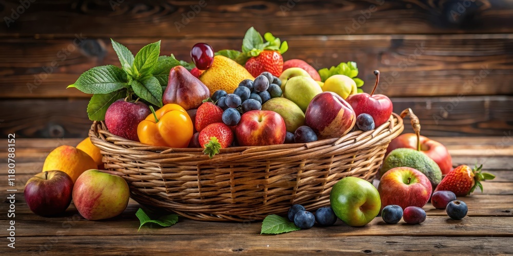 © udomsak - Freshly harvested seasonal fruits arranged in a decorative basket on a rustic wooden table