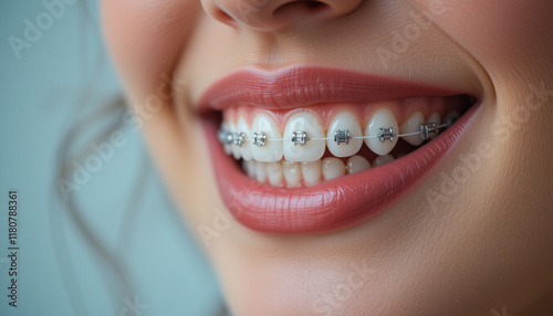 Orthodontic appliance in patient's mouth demonstrating oral care and dental health. Dental braces photo