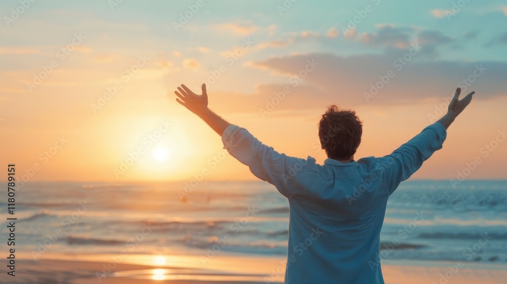 Male Silhouette Embracing Sunrise at the Beach, Conveying Freedom and Optimism with Arms Outstretched, Serene Ocean Waves and Vibrant Sky Male Silhouette Embracing Sunrise at the Beach, Conveying Freedom and Optimism with Arms Outstretched, Serene Ocean Waves and Vibrant Sky