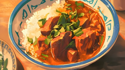 A bowl of traditional congolese beef stew served with white rice and spinach, capturing the rich flavors of comfort food