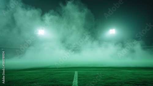 Dramatic Atmospheric Scene of a Sports Field Under Green Ambient Light with Low-Hanging Fog in the Background