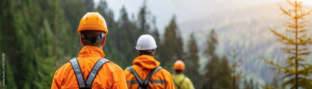 Group of Construction Workers in Safety Gear Observing Mountain Landscape at Sunrise with Lush Forest in Background