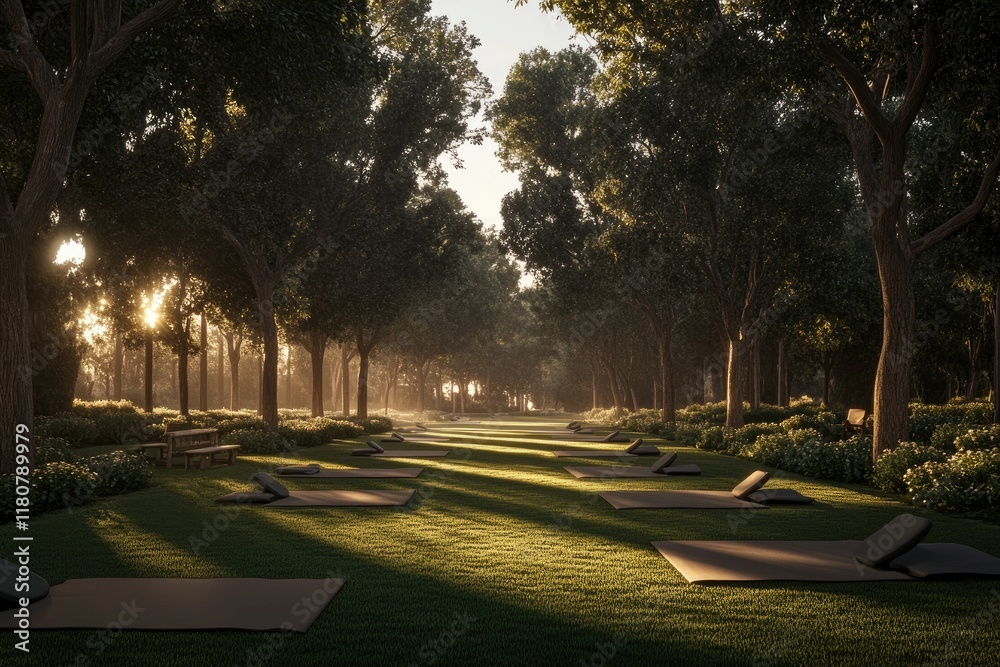 A serene park scene with yoga mats laid out under trees, promoting relaxation and mindfulness. A serene park scene with yoga mats laid out under trees, promoting relaxation and mindfulness.