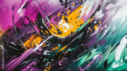 Dynamic graffiti shapes merging with chaotic streaks of vivid purple, green, and yellow tones