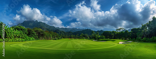 Scenic golf course with lush greens and dramatic sky creates tranquil atmosphere for avid golfers