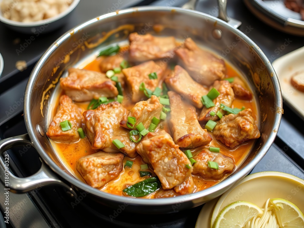 Stir fried pork ribs cooked with red curry paste and creamy coconut milk in a sizzling pan, cooking, pork ribs Stir fried pork ribs cooked with red curry paste and creamy coconut milk in a sizzling pan, cooking, pork ribs
