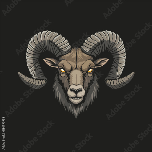 A stylized illustration depicts a rams head with large curving horns against a dark background the ram has an intense and powerful expression.