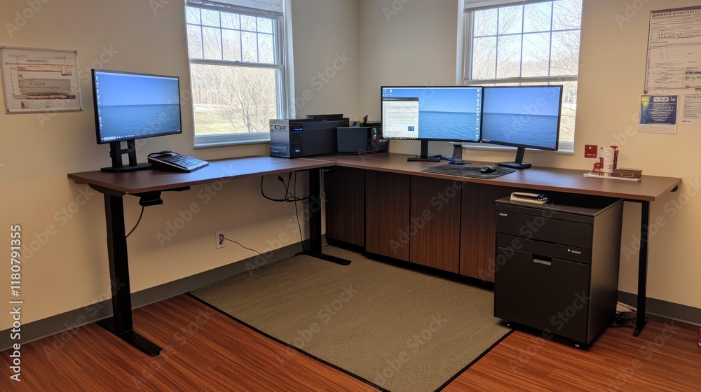 Minimalist desk setup with dual monitors, cable management, and sleek design, Minimalist desk setup with dual monitors, cable management, and sleek design,