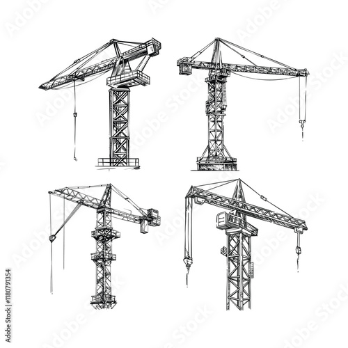 Tower crane hand draw engraving design vector template illustration