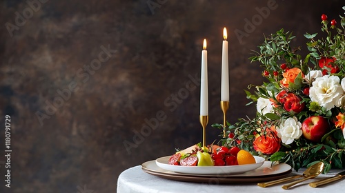 Candlelit dinner table setting with golden candlesticks a cascading bouquet of autumn flowers and a warm inviting ambiance  Cozy and elegant this scene sets the mood for a romantic photo