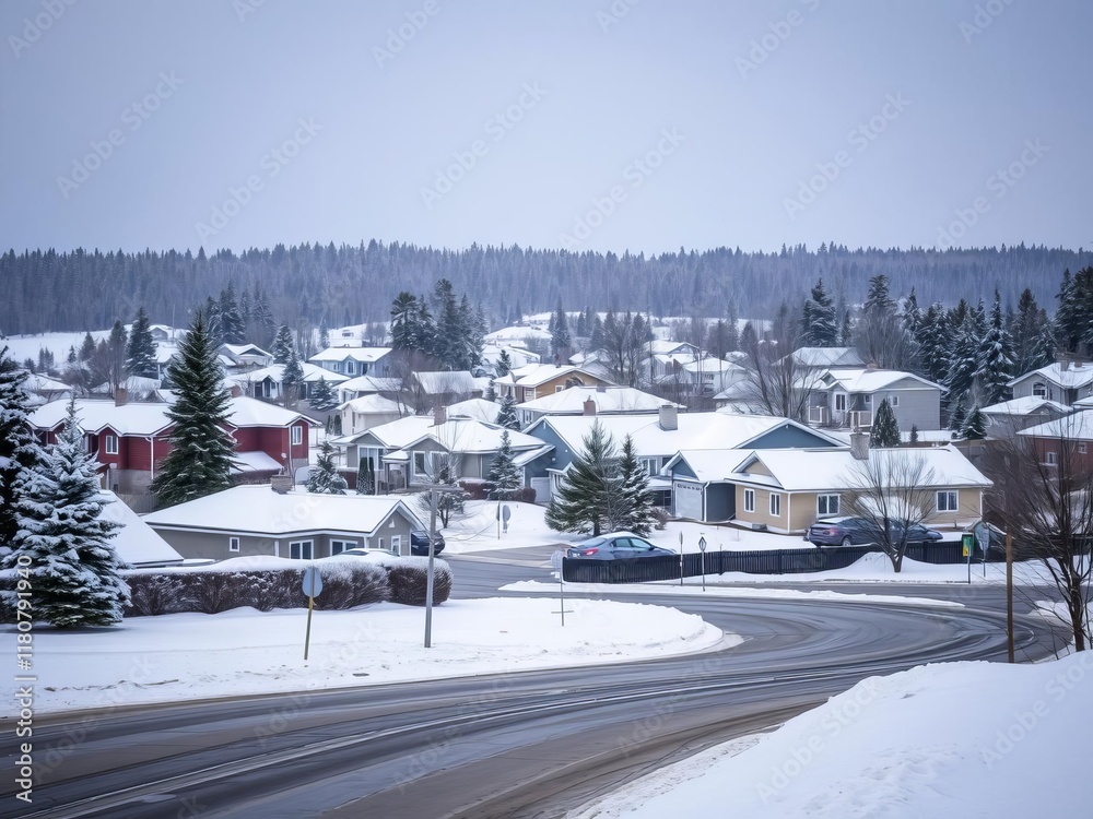 Fototapeta premium Suburban houses with snow-covered roofs in a Canadian residential area, traditional, cold