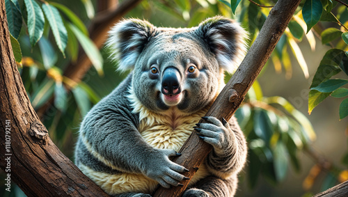 Happy koala sitting on a tree branch. (1) photo