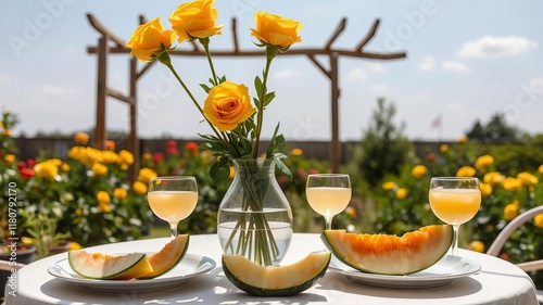 Sunny garden table featuring fresh melon, drinks, sliced melon on plates, yellow roses in vase, vibrant setting, yellow roses, garden photo