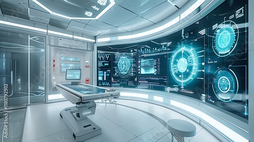 Cutting edge futuristic digital interface with advanced holographic displays data visualizations and analytical controls in a modern streamlined workspace or command center