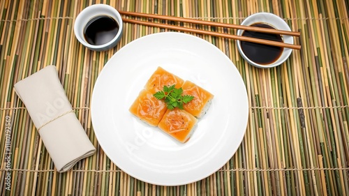 Sushi plate with soy sauce and chopsticks on bamboo mat for authentic Japanese dining experience, culture, chopsticks photo