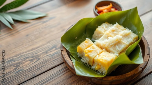 Sticky rice mango Thai dessert served on a banana leaf on a wooden table, dessert, sweet photo