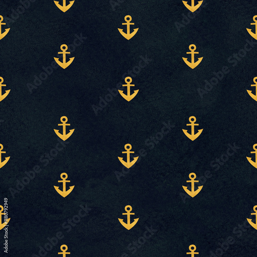 Anchor gold watercolor seamless pattern on dark background. Hand painted art perfect for cards, wrapping paper, packaging, tickets, stationary tourism, travel, voyage design. Monochromatic clip art