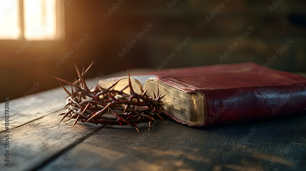 Fototapeta premium An old, worn Bible on an old wooden desk with a crown of thorns next to it