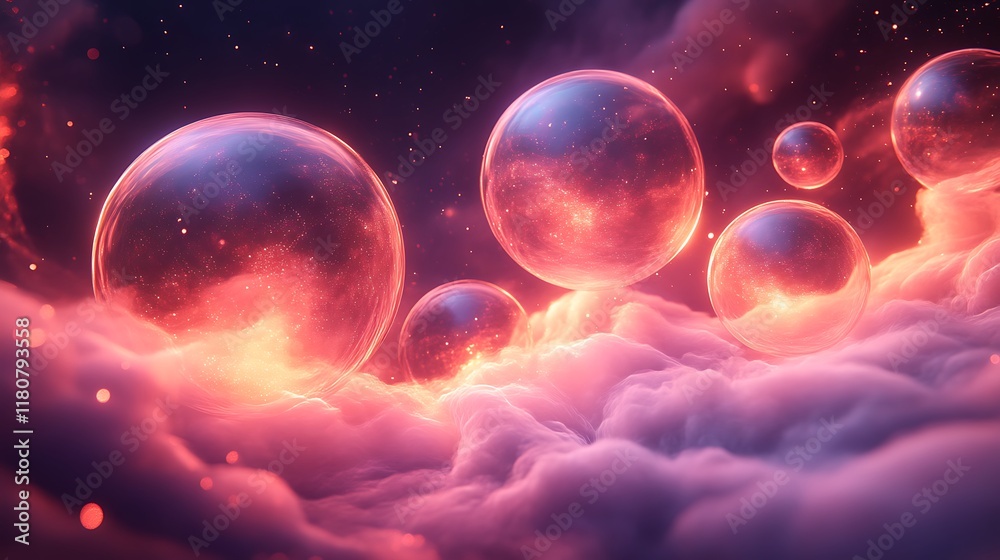 Fototapeta premium Glowing orbs float on a dreamy cloud landscape.