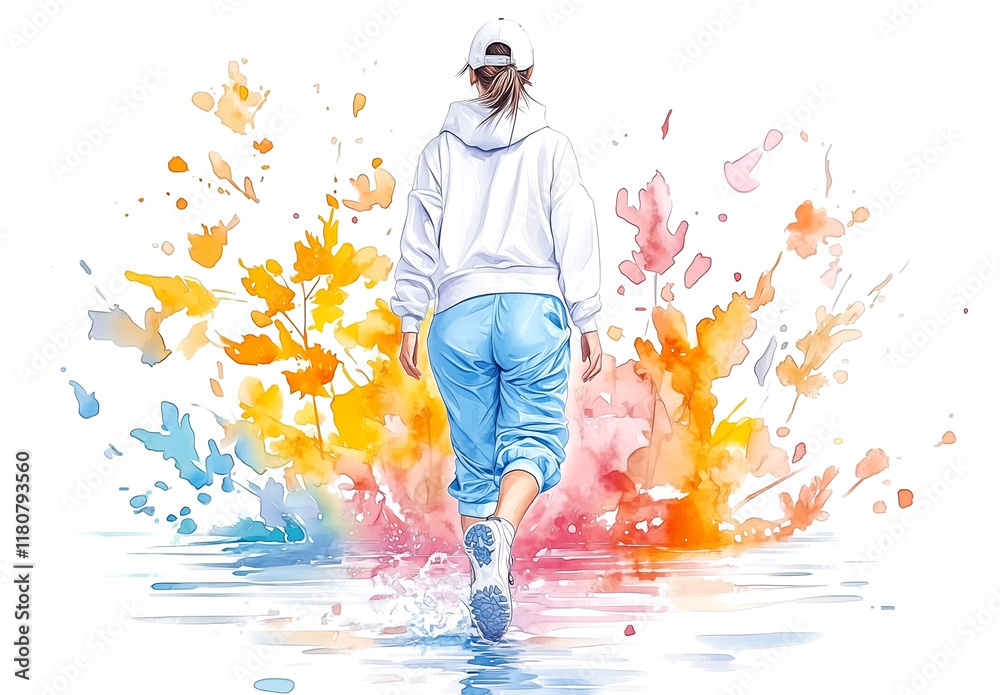 Obraz premium A woman is walking in a colorful splash of paint. The splash of paint is a representation of the woman's journey, with each color representing a different aspect of her life