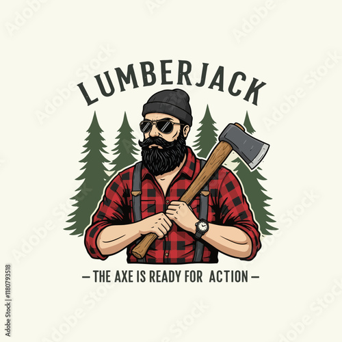 A stylish illustration of a lumberjack with a large axe, ready for work in a forest setting.