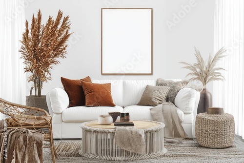 White sofa, simple coffee table, and blank poster frame set in a minimal living room with clean lines.